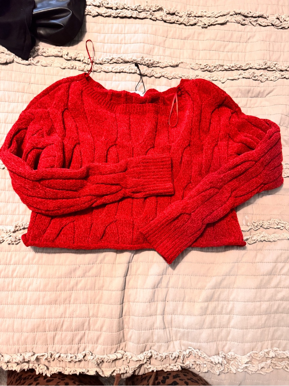 Garage Red Off-the-Shoulder Cable Knit Sweater